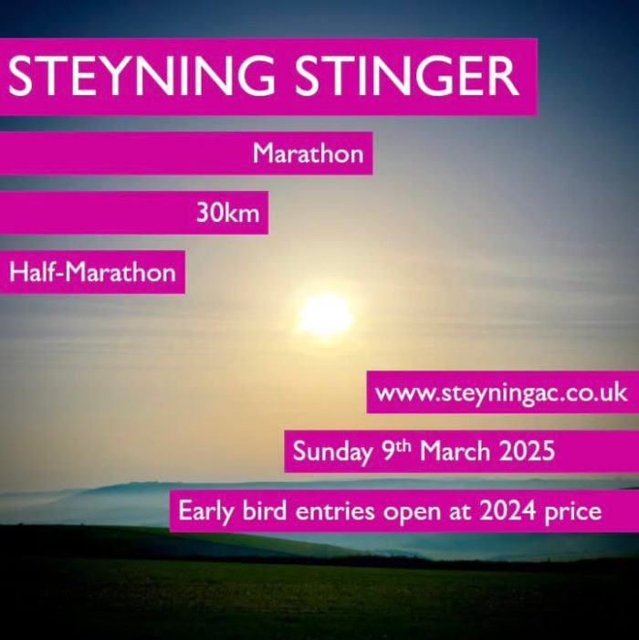 Last few days of discount for the 2025 Steyning Stinger Marathon, Half-Marathon and 30km trail races.
Prices held at 2024 event level until 2nd January.
This popular and well established local race takes in trails on the South Downs between Steyning, Wiston House, Chantry, Windlesham, Chanctonbury, and Cissbury.
All runners receive a well-earned fry up at the finish.
